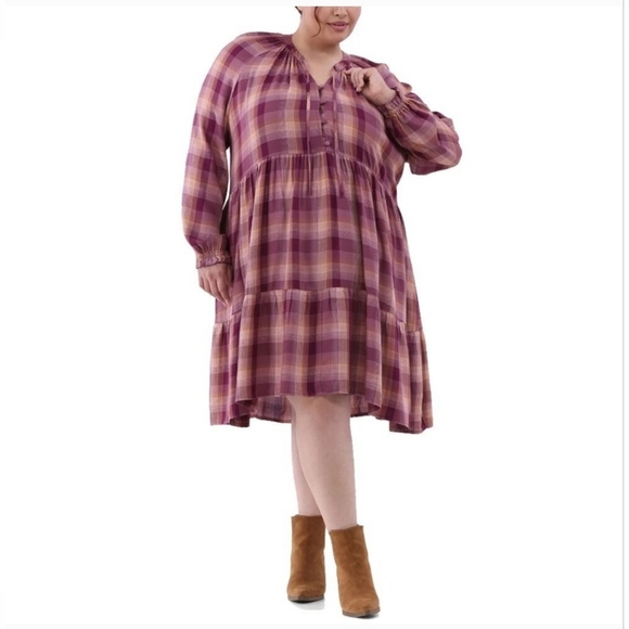 Terra & Sky Tiered Peasant Dress Size 2X Plum Plaid Pockets Business Casual Boho - Picture 2 of 13
